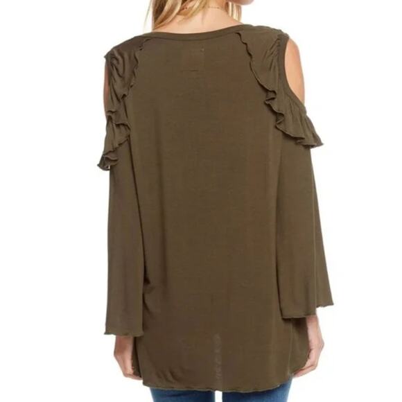 Chaser Bell  Sleeve Cold Shoulder Long Sleeve Top Olive Green Women's Medium - Picture 9 of 9